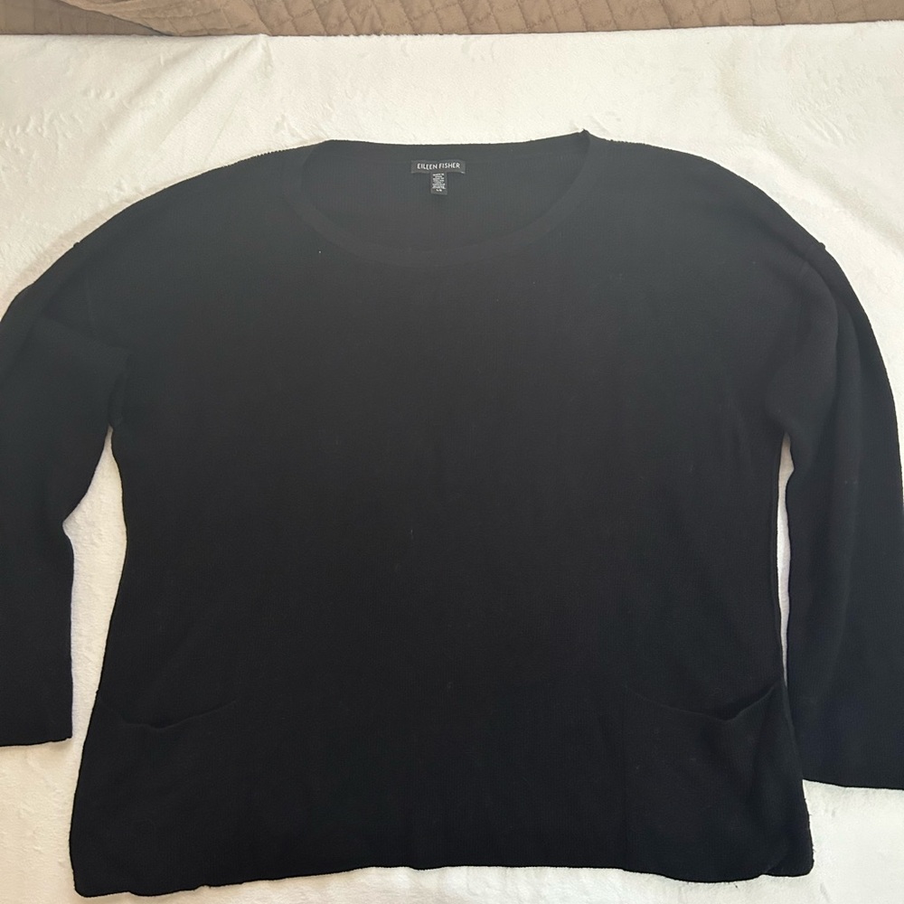 Eileen Fisher Black Wool Sweater with Front Pockets